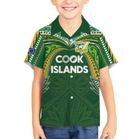 Custom Cook Islands Rugby League Family Matching Off The Shoulder Long Sleeve Dress and Hawaiian Shirt Tatau Tribal Motifs-Dark Green Color LT03 Son's Shirt Green - Polynesian Pride