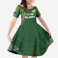 Custom Cook Islands Rugby League Family Matching Off Shoulder Short Dress and Hawaiian Shirt Tatau Tribal Motifs-Dark Green Color LT03 Daughter's Dress Green - Polynesian Pride