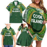Custom Cook Islands Rugby League Family Matching Off Shoulder Short Dress and Hawaiian Shirt Tatau Tribal Motifs-Dark Green Color LT03 - Polynesian Pride