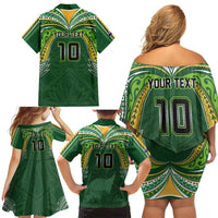 Custom Cook Islands Rugby League Family Matching Off Shoulder Short Dress and Hawaiian Shirt Tatau Tribal Motifs-Dark Green Color LT03 - Polynesian Pride