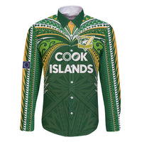 Custom Cook Islands Rugby League Family Matching Off Shoulder Short Dress and Hawaiian Shirt Tatau Tribal Motifs-Dark Green Color LT03 Dad's Shirt - Long Sleeve Green - Polynesian Pride