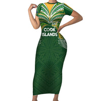 Custom Cook Islands Rugby League Family Matching Short Sleeve Bodycon Dress and Hawaiian Shirt Tatau Tribal Motifs-Dark Green Color LT03 Mom's Dress Green - Polynesian Pride