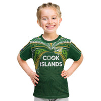 Custom Cook Islands Rugby League Kid T Shirt Tatau Tribal Motifs-Dark Green Color LT03 Green - Polynesian Pride