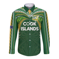Custom Cook Islands Rugby League Long Sleeve Button Shirt Tatau Tribal Motifs-Dark Green Color - Polynesian Pride
