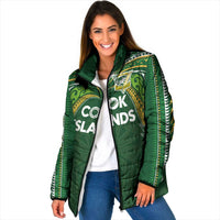 Custom Cook Islands Rugby League Padded Jacket Tatau Tribal Motifs-Dark Green Color - Polynesian Pride