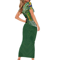 Custom Cook Islands Rugby League Short Sleeve Bodycon Dress Tatau Tribal Motifs-Dark Green Color LT03 - Polynesian Pride