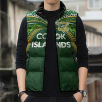 Custom Cook Islands Rugby League Sleeveless Puffer Jacket Tatau Tribal Motifs-Dark Green Color - Polynesian Pride