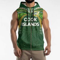 Custom Cook Islands Rugby League Sleeveless Zip Hoodie Tatau Tribal Motifs-Dark Green Color - Polynesian Pride