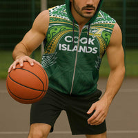 Custom Cook Islands Rugby League Sleeveless Zip Hoodie Tatau Tribal Motifs-Dark Green Color - Polynesian Pride