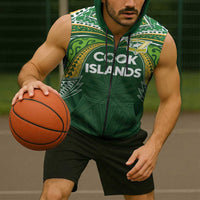 Custom Cook Islands Rugby League Sleeveless Zip Hoodie Tatau Tribal Motifs-Dark Green Color LT03 - Polynesian Pride