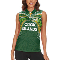 Custom Cook Islands Rugby League Women Sleeveless Polo Shirt Tatau Tribal Motifs-Dark Green Color - Polynesian Pride