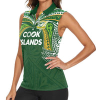 Custom Cook Islands Rugby League Women Sleeveless Polo Shirt Tatau Tribal Motifs-Dark Green Color - Polynesian Pride