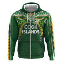 Custom Cook Islands Rugby League Zip Hoodie Tatau Tribal Motifs-Dark Green Color - Polynesian Pride
