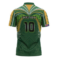 Custom Cook Islands Rugby League Zipper Polo Shirt Tatau Tribal Motifs-Dark Green Color LT03 - Polynesian Pride