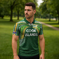 Custom Cook Islands Rugby League Zipper Polo Shirt Tatau Tribal Motifs-Dark Green Color - Polynesian Pride