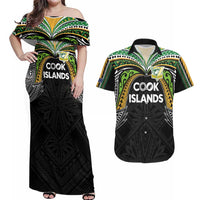 Custom Cook Islands Rugby League Couples Matching Off Shoulder Maxi Dress and Hawaiian Shirt Tatau Tribal Motifs-Black Color LT03 Black - Polynesian Pride