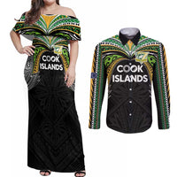 Custom Cook Islands Rugby League Couples Matching Off Shoulder Maxi Dress and Long Sleeve Button Shirt Tatau Tribal Motifs-Black Color - Polynesian Pride