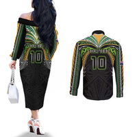 Custom Cook Islands Rugby League Couples Matching Off The Shoulder Long Sleeve Dress and Long Sleeve Button Shirt Tatau Tribal Motifs-Black Color - Polynesian Pride