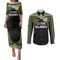 Custom Cook Islands Rugby League Couples Matching Puletasi and Long Sleeve Button Shirt Tatau Tribal Motifs-Black Color - Polynesian Pride