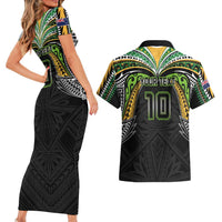 Custom Cook Islands Rugby League Couples Matching Short Sleeve Bodycon Dress and Hawaiian Shirt Tatau Tribal Motifs-Black Color LT03 - Polynesian Pride