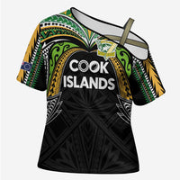 Custom Cook Islands Rugby League Cross Shoulder Shirt Tatau Tribal Motifs-Black Color - Polynesian Pride