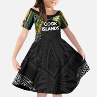Custom Cook Islands Rugby League Family Matching Long Sleeve Bodycon Dress and Hawaiian Shirt Tatau Tribal Motifs-Black Color LT03 Daughter's Dress Black - Polynesian Pride