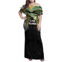 Custom Cook Islands Rugby League Family Matching Off Shoulder Maxi Dress and Hawaiian Shirt Tatau Tribal Motifs-Black Color - Polynesian Pride