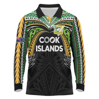 Custom Cook Islands Rugby League Long Sleeve Polo Shirt Tatau Tribal Motifs-Black Color - Polynesian Pride
