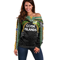 Custom Cook Islands Rugby League Off Shoulder Sweater Tatau Tribal Motifs-Black Color - Polynesian Pride