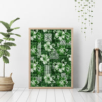 Hawaiian Quilt Pattern Canvas Wall Art Hibiscus and Tribal Element Vintage Green Vibe LT03 - Polynesian Pride