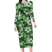 Hawaiian Quilt Pattern Family Matching Long Sleeve Bodycon Dress and Hawaiian Shirt Hibiscus and Tribal Element Vintage Green Vibe LT03 Mom's Dress Green - Polynesian Pride