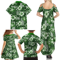 Hawaiian Quilt Pattern Family Matching Summer Maxi Dress and Hawaiian Shirt Hibiscus and Tribal Element Vintage Green Vibe LT03 - Polynesian Pride