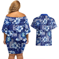 Hawaiian Quilt Pattern Couples Matching Off Shoulder Short Dress and Hawaiian Shirt Hibiscus and Tribal Element Vintage Blue Vibe LT03 - Polynesian Pride
