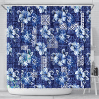 Hawaiian Quilt Pattern Shower Curtain Hibiscus and Tribal Element Vintage Blue Vibe LT03 - Polynesian Pride