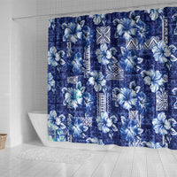Hawaiian Quilt Pattern Shower Curtain Hibiscus and Tribal Element Vintage Blue Vibe LT03 - Polynesian Pride