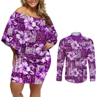 Hawaiian Quilt Pattern Couples Matching Off Shoulder Short Dress and Long Sleeve Button Shirt Hibiscus and Tribal Element Vintage Purple Vibe LT03 Purple - Polynesian Pride