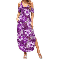 Hawaiian Quilt Pattern Summer Maxi Dress Hibiscus and Tribal Element Vintage Purple Vibe LT03 Women Purple - Polynesian Pride