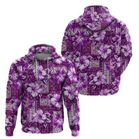Hawaiian Quilt Pattern Zip Hoodie Hibiscus and Tribal Element Vintage Purple Vibe LT03 - Polynesian Pride