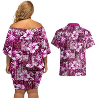 Hawaiian Quilt Pattern Couples Matching Off Shoulder Short Dress and Hawaiian Shirt Hibiscus and Tribal Element Vintage Pink Vibe LT03 - Polynesian Pride
