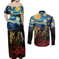 New Zealand and Australia ANZAC Day Couples Matching Off Shoulder Maxi Dress and Long Sleeve Button Shirt Kiwi Bird and Kangaroo Soldier Starry Night Style LT03 - Polynesian Pride