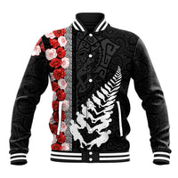 New Zealand ANZAC Day Baseball Jacket Soldier Silver Fern with Red Poppies Flower Maori Style LT03 Unisex Black - Polynesian Pride