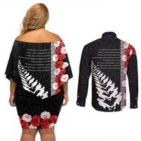 New Zealand ANZAC Day Couples Matching Off Shoulder Short Dress and Long Sleeve Button Shirt Soldier Silver Fern with Red Poppies Flower Maori Style LT03 - Polynesian Pride
