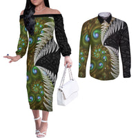New Zealand Couples Matching Off The Shoulder Long Sleeve Dress and Long Sleeve Button Shirt Koru Abstract Art and Silver Fern Maori Pattern LT03 Green - Polynesian Pride