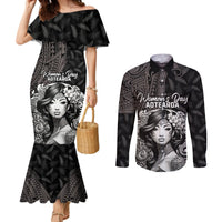 Custom New Zealand Women's Day Couples Matching Mermaid Dress and Long Sleeve Button Shirt Maori Tribal Girl and Silver Fern Pattern LT03 Black - Polynesian Pride