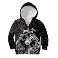 Custom New Zealand Women's Day Kid Hoodie Maori Tribal Girl and Silver Fern Pattern LT03 Zip Hoodie Black - Polynesian Pride