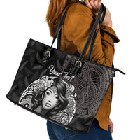 Custom New Zealand Women's Day Leather Tote Bag Maori Tribal Girl and Silver Fern Pattern LT03 - Polynesian Pride
