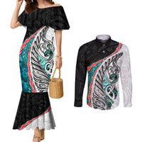 New Zealand Couples Matching Mermaid Dress and Long Sleeve Button Shirt Manaia Fern and Koru Maori Pattern LT03 Black - Polynesian Pride