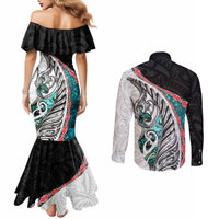 New Zealand Couples Matching Mermaid Dress and Long Sleeve Button Shirt Manaia Fern and Koru Maori Pattern LT03 - Polynesian Pride