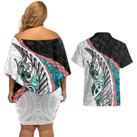 New Zealand Couples Matching Off Shoulder Short Dress and Hawaiian Shirt Manaia Fern and Koru Maori Pattern LT03 - Polynesian Pride