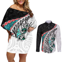 New Zealand Couples Matching Off Shoulder Short Dress and Long Sleeve Button Shirt Manaia Fern and Koru Maori Pattern LT03 Black - Polynesian Pride